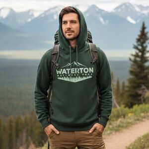 Waterton National Park Graphic Hoodie Mens Large Waffle Knit Canadian Gorpcore